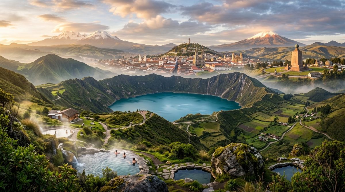 Quito, Mitad del Mundo monument, Quilotoa crater lagoon and Papallacta hot springs in the Ecuador Andes